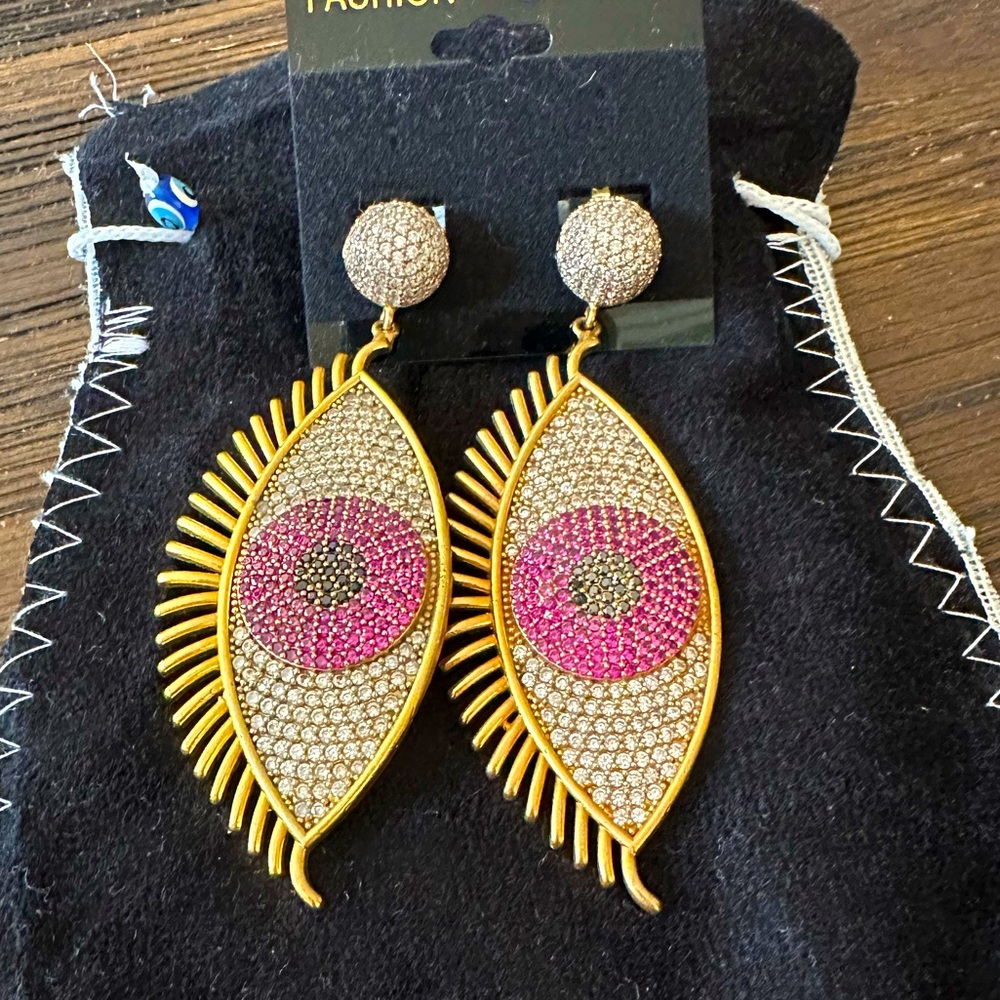 Pink Evil Eye Drop Earrings Adorned With Pave Stones